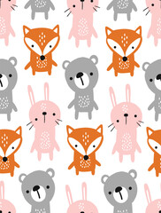 Obraz premium cute hand drawn baby animals, fox, bunny, bear, seamless pattern texture for kids background, textile, fabric or wrapping paper