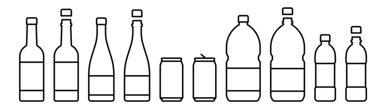 Glass bottles, cans and plastic bottles icon set. Black color outline icon on white background.