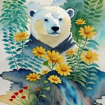 Watercolor Polar Bear. Morphing video of cartoon bear in springtime. Generative AI.