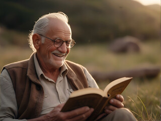 Hombre mayor abuelo leyendo un libro en al campo - obrazy, fototapety, plakaty