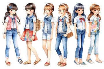 This is a picture of a paper doll of girls wearing jeans. It is a paper doll that is cut out with scissors and played with. Generative AI.