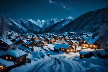 A panoramic view of a picturesque snow-covered village, nestled in the mountains