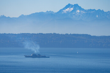 USS Gridley adds to haze around Puget Sound on a sunny day