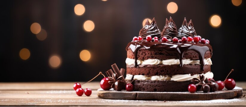 Delectable chocolate cake displayed against a bright wooden backdrop