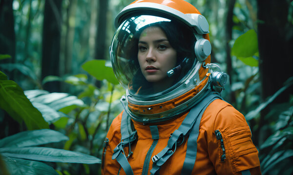 自然を探索する宇宙服を着た女性のポートレート、未開の森の中｜Portrait of a woman in a spacesuit exploring nature, in a virgin forest. Generative AI