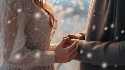 A captivating close-up--a couple sharing a whispered moment in the snowy field, with intertwined hands adorned with delicate snowflakes, creating a magical winter scene. 