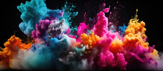 Explosion of powder in vibrant colors on a dark backdrop Colored cloud disperses Colorful dust burst Holi paint celebration