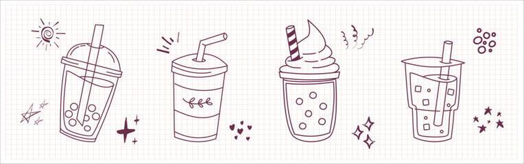Bubble Boba milk tea, Pearl milk tea, Yummy drinks, coffees and soft drinks doodle style. Cute vector illustration of hot and iced coffee to go cup hand drawn set