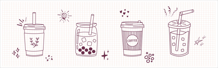 Bubble Boba milk tea, Pearl milk tea, Yummy drinks, coffees and soft drinks doodle style. Cute vector illustration of hot and iced coffee to go cup hand drawn set - obrazy, fototapety, plakaty