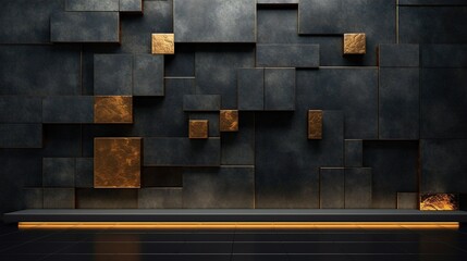 wall with lights, Geometric luxury in a dark 3D wall with gold and black textures, defined by squares and rectangles, a visual masterpiece, wallpaper 