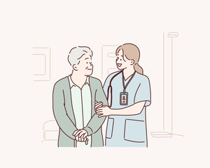 Female caregiver supports the elderly. Hand drawn style vector design illustrations.