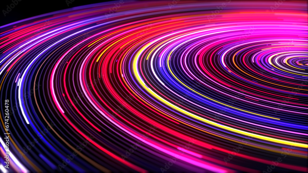Poster abstract technology 3d perspective half view red yellow blue circular disk plane wave dots and lines