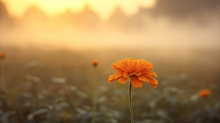 the marigold flower is lonely against the background of an autumn park in the fog of the morning landscape