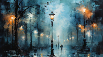 generated art landscape with street lights in the night autumn fog, fabulous picture silence mystery mist - obrazy, fototapety, plakaty