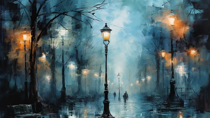 Fototapete Feenwald generated art landscape with street lights in the night autumn fog, fabulous picture silence mystery mist