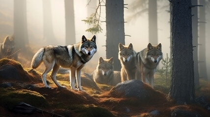 a pack of wolves in the autumn forest , frontal view of wildlife, predators hunting, fear of the...