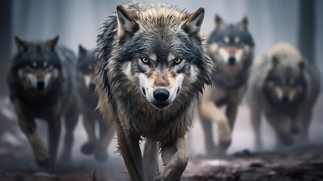 a pack of wolves in the autumn forest , frontal view of wildlife, predators hunting, fear of the attack of wild animals