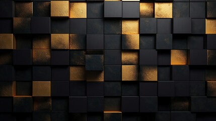 abstract background with squares, Abstract dark geometric wall with 3D textures in noble gold and black, featuring squares and rectangles, a fusion texture - obrazy, fototapety, plakaty