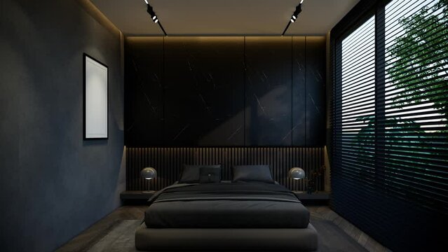 Interior animation of the bedroom is minimal with black base tones. 3D illustration rendering