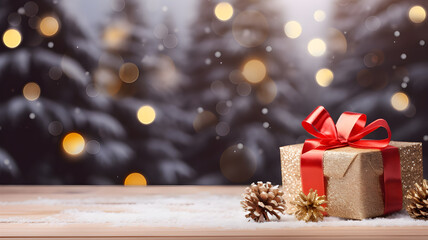 christmas background with gift box fir tree , snow and bauble on wood or wooden bokeh gold background