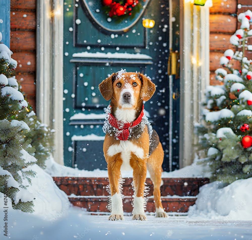 Canvas Prints Dog standing on snowy house front door on Christmas