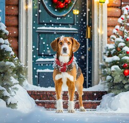 Dog standing on snowy house front door on Christmas