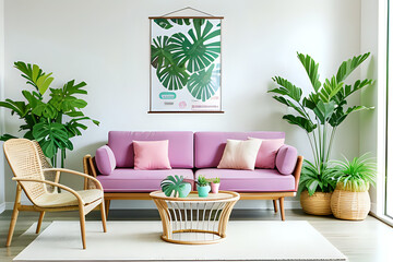 Living room interior with mock up poster frame, pastel blue sofa, wooden consola, rattan chairs, plants. Close up