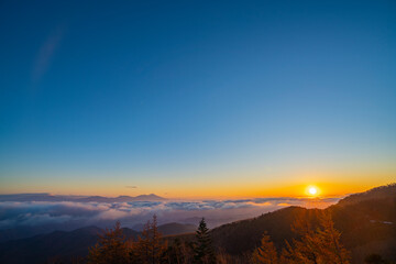 長野県上田市　美ヶ原から見える雲海の日の出　秋