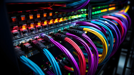 A close-up of networking cable management in the server room, - obrazy, fototapety, plakaty