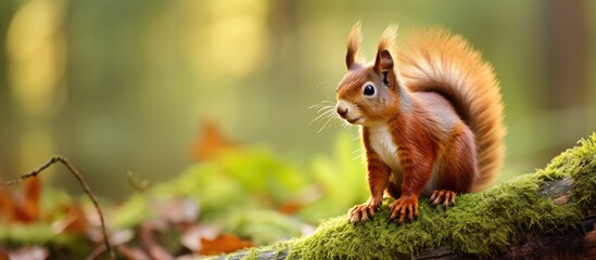 A red squirrel perched amidst the woodland of Northumberland England