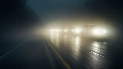 Foto op Plexiglas autumn fog on a wet night road in the headlights of a car, autumn dangerous driving weather, fog in the light of a car © kichigin19