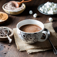 A cup of homemade hot cocoa with ingredients all around.