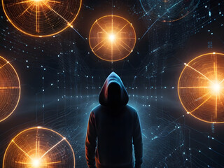 Hoodie Anonymous hacker, surrounded by a network of glowing data. Cybersecurity, Cybercrime, Cyberattack