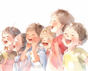 元気に声援を送る笑顔の子どもたち　水彩画風