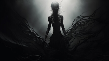 demon of evil, the essence of horror and nightmare darkness, black dark essence silhouette frightening creature phobia, computer graphics