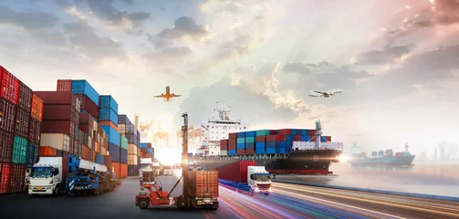 Foto op Canvas Industrial Container Cargo freight ship, forklift handling container box loading for logistic import export and transport industry concept © Travel mania