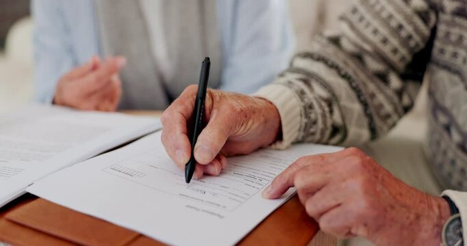 Hands, couple and sign paper for insurance, contract and paperwork or documents. Senior people, marriage and form questions on application for retirement, will and investment plan in closeup at home