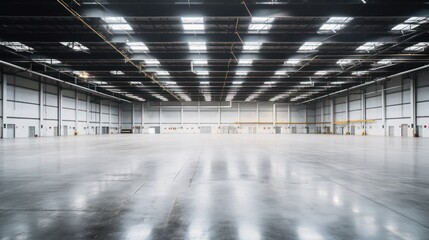 A Empty warehouse with concrete floor inside industrial building Use it as a large factory, warehouse, hangar or factory. Modern interior with steel structure with space for an industrial background.