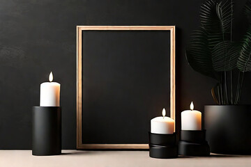 Vertical frame mockup and candle black console, black wall background.