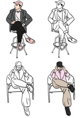 set of people. sitting. White Background. Hand drawn color Illustration.