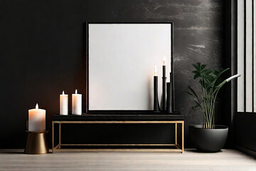 Vertical frame mockup and candle black console, black wall background.