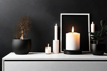 Vertical frame mockup and candle black console, black wall background.