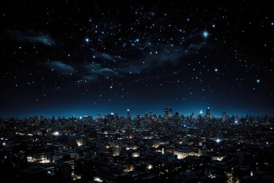 An abstract wallpaper featuring a starry night, where the city lights twinkle beneath the vast expanse of the night sky, creating a captivating urban landscape. Photorealistic illustration