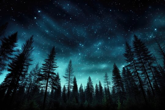 An abstract wallpaper depicting a starry night in a forest with the soft glow of the northern lights illuminating the sky, creating an enchanting and tranquil scene. Photorealistic illustration