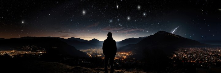In a wide-format abstract wallpaper, a man gazes in wonder at the vast starry night sky, contemplating the mysteries of the universe. Photorealistic illustration - obrazy, fototapety, plakaty