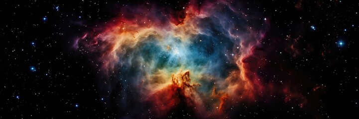 In a wide-format abstract wallpaper, a vibrant nebula comes to life with its colorful and ethereal clouds, offering a breathtaking celestial spectacle. Photorealistic illustration