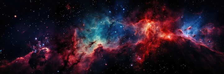 A wide-format abstract wallpaper showcases the beauty of a nebula with its captivating and dreamy clouds, creating a mesmerizing celestial vista. Photorealistic illustration