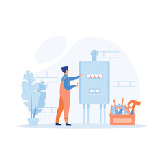 Plumber worker repairs broken water heater. flat vector modern illustration 