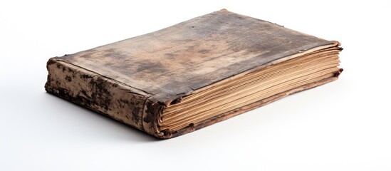 A white background showcases an aged book