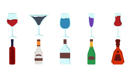 Fototapeta na wymiar Set of wine drinks illustration. Wine bottle and cocktail drink glass. Vector Illustration.